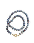 Anya mala-inspired necklace with blue grey natural stone beads and gold spring ring clasp