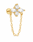18k Gold Plated flat back stud with a floral clear CZ cluster and delicate floating chain
