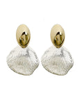 Mixed metal shell statement earrings with gold stud and textured silver drop, modern coastal design