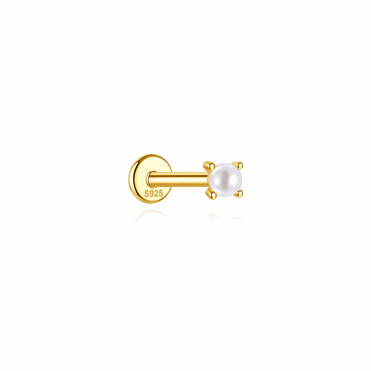 A stainless steel gold plated flat back stud with a pearl stone on a white background