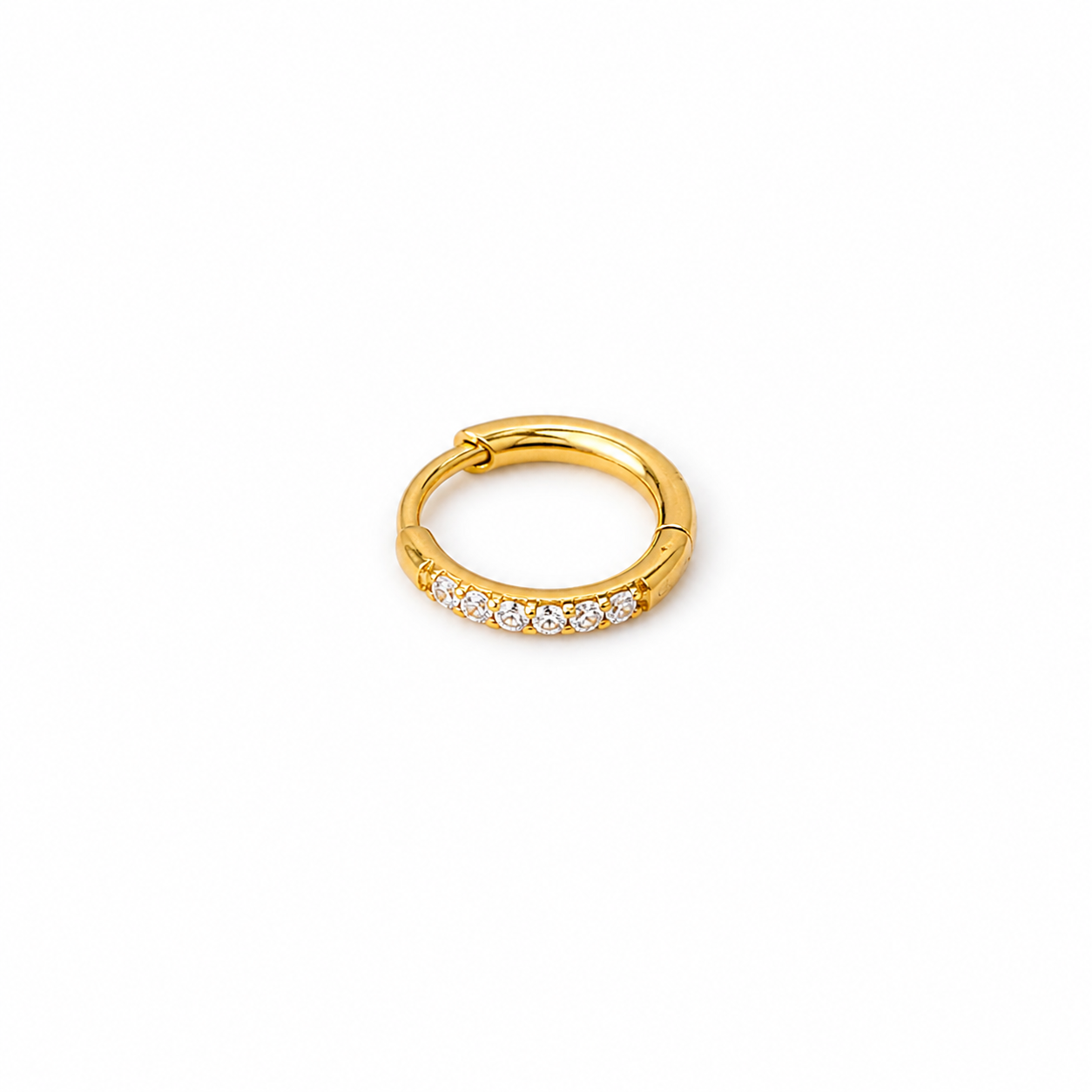 8mm gold Ally single huggie with cubic zirconia, close fit clicker hoop, minimal white background