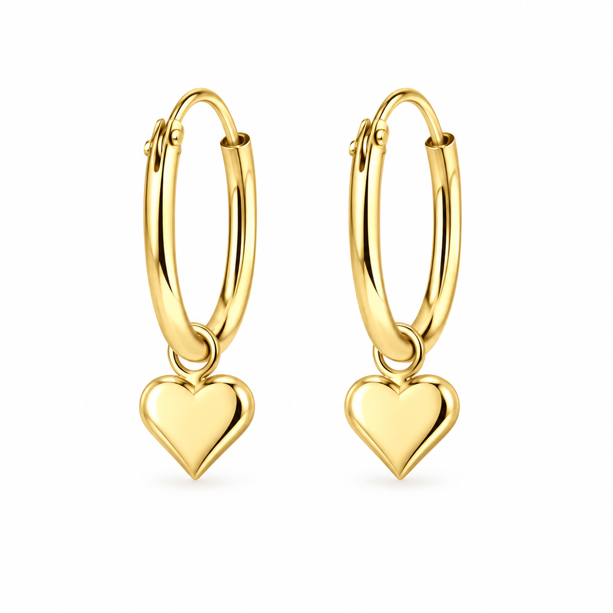 Heart Hoops in 14k gold plated sterling silver with polished heart charms