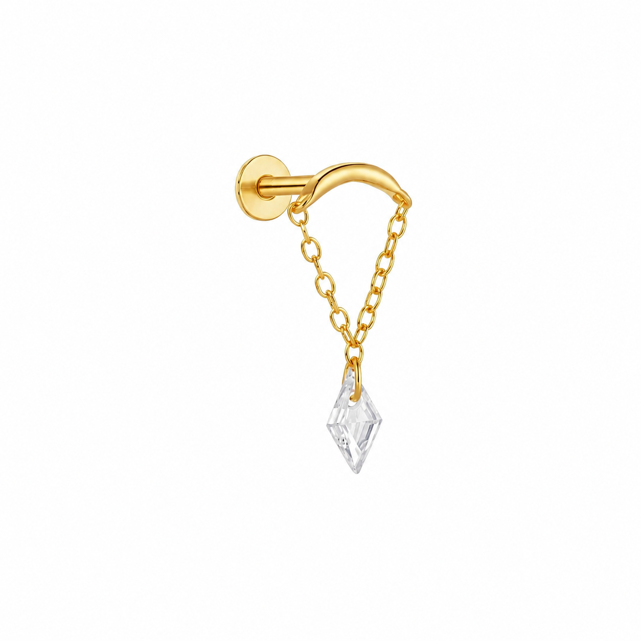Amy flat back stud featuring a diamond-shaped cubic zirconia with a delicate chain detail in 18k gold plating.
