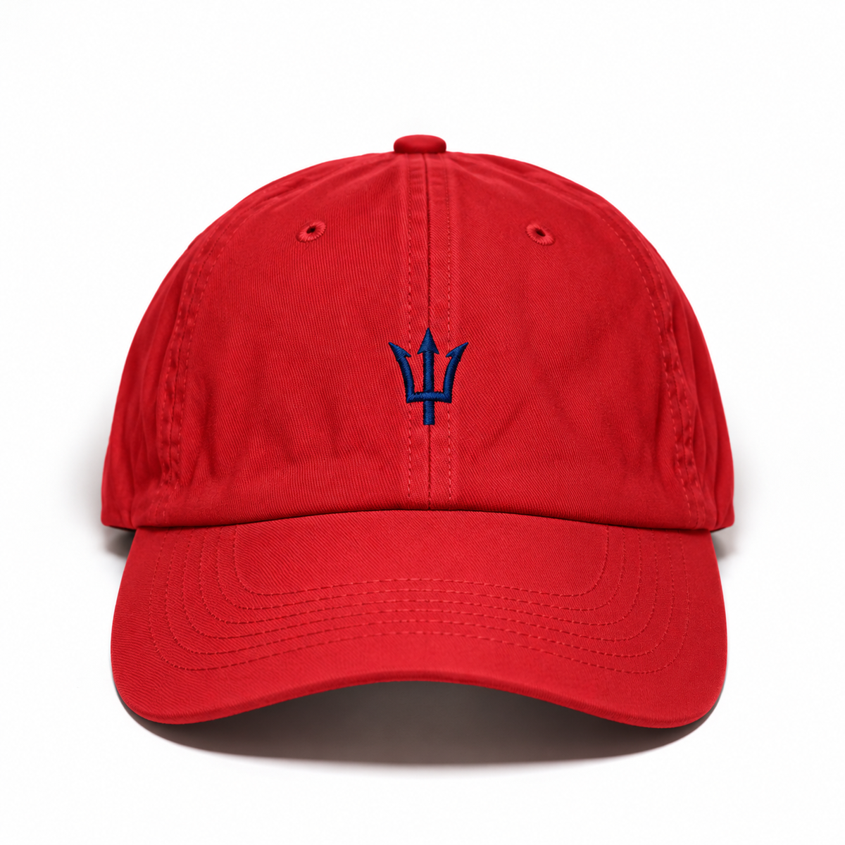 Red cotton baseball cap featuring a navy embroidered trident on the front, with a curved brim and relaxed fit.