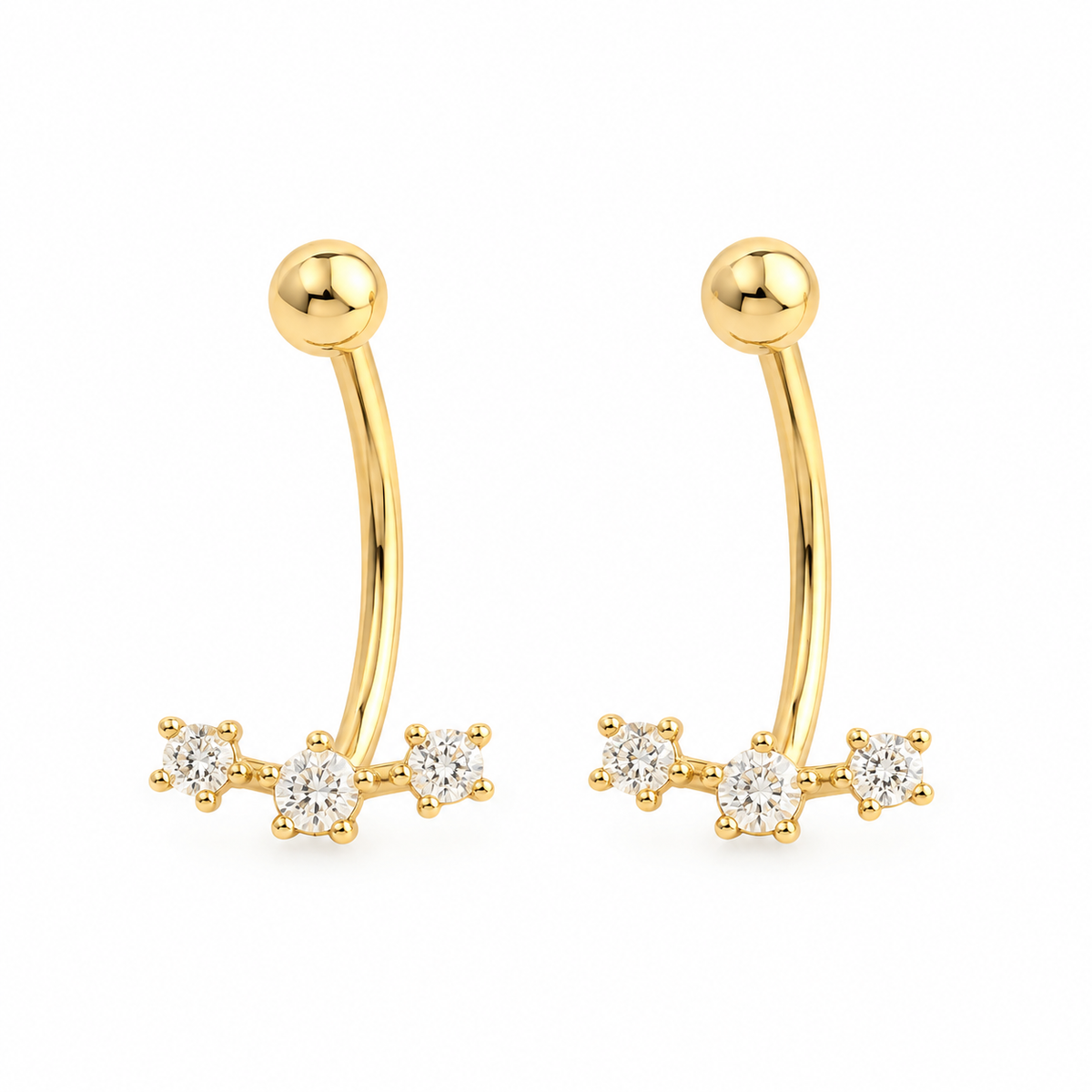 Billie CZ Ear Jackets in gold plated 925 sterling silver featuring polished gold ball studs, curved drops and three graduated round cubic zirconia stones.