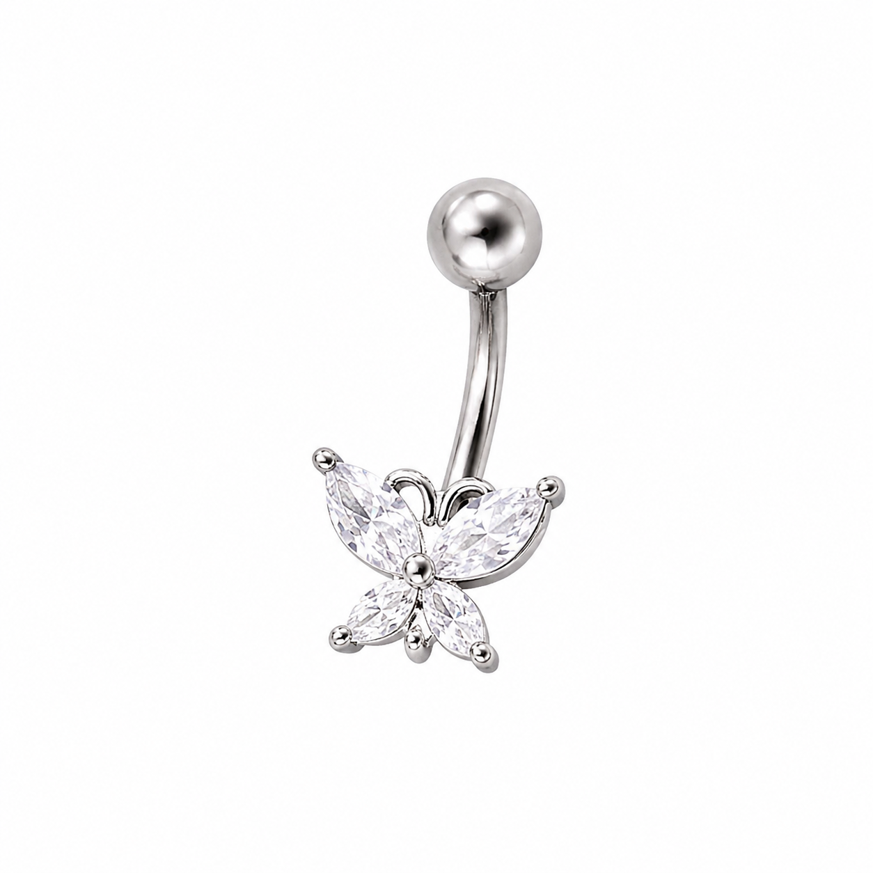     Butterfly CZ navel ring in polished stainless steel with sparkling cubic zirconia wings on a white background.