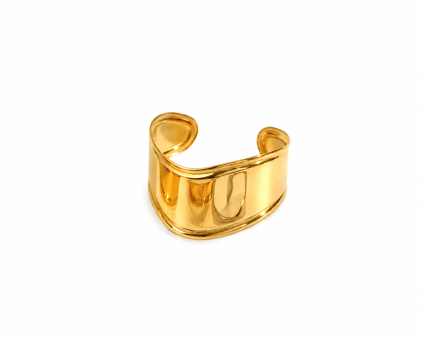 Carla Cuff Bangle in waterproof gold, a wide polished sculptural cuff bracelet for everyday wear.
