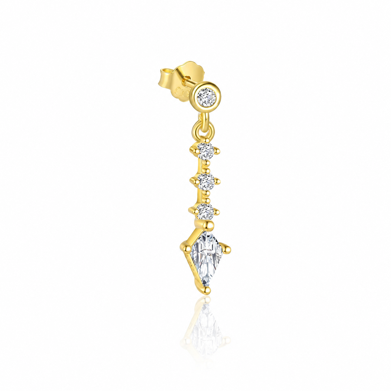 Charlize drop earring in gold with cubic zirconia, vertical bar with marquise stone, minimal white background

