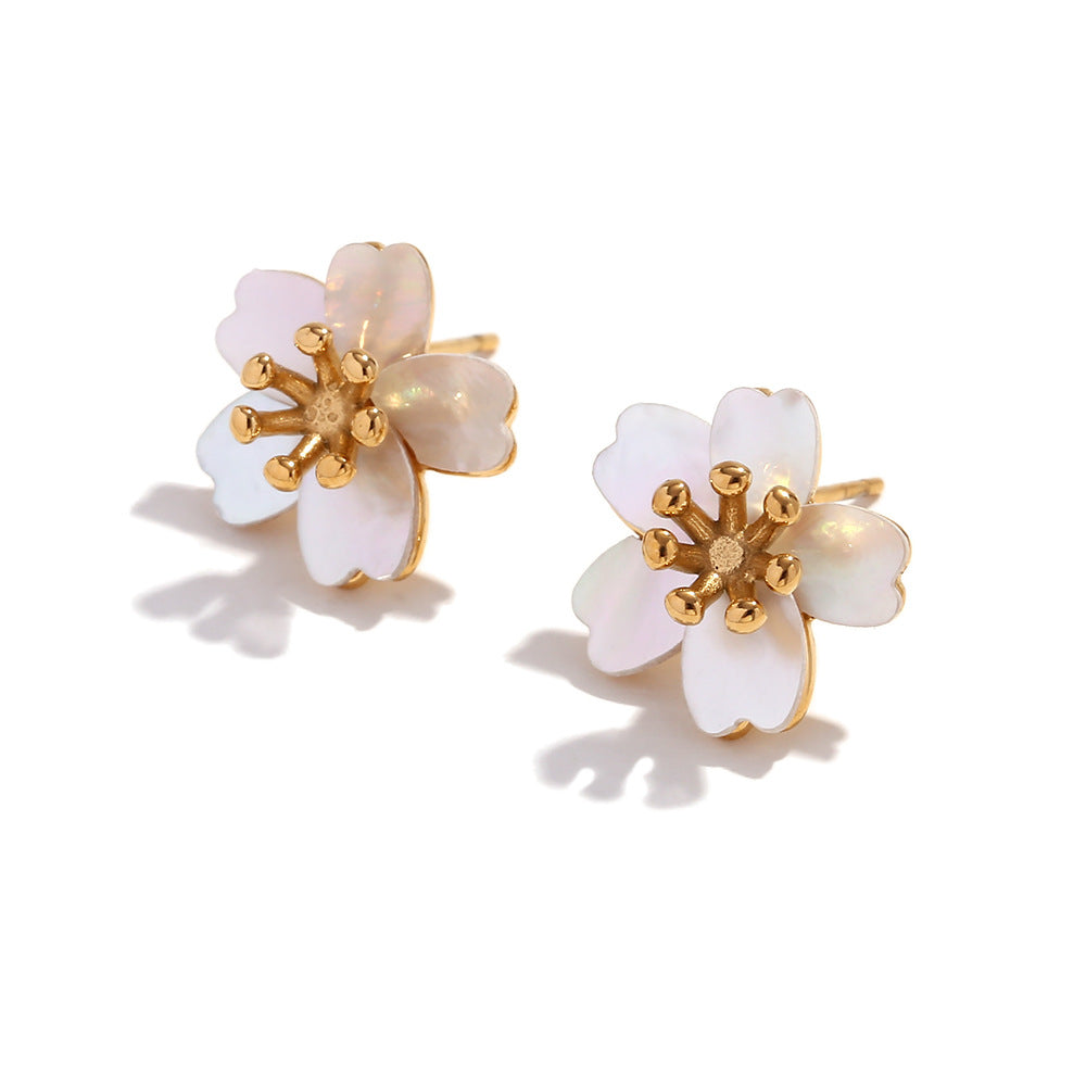 Cherry blossom earrings in 18k gold stainless steel with pink enamel petals and delicate floral design