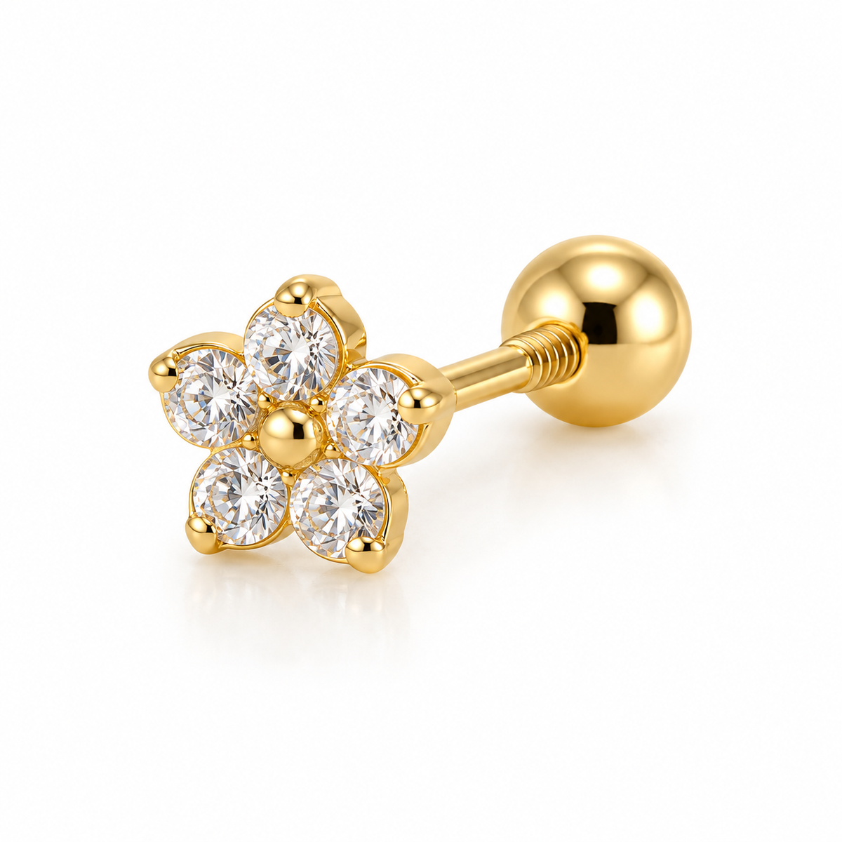 Gold CZ Flower Screw Back Stud with clear cubic zirconia stones