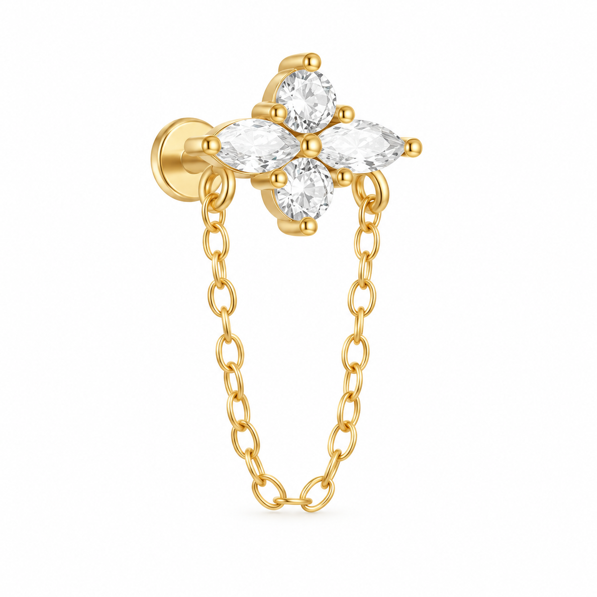18k Gold Plated flat back stud with a floral clear CZ cluster and delicate floating chain