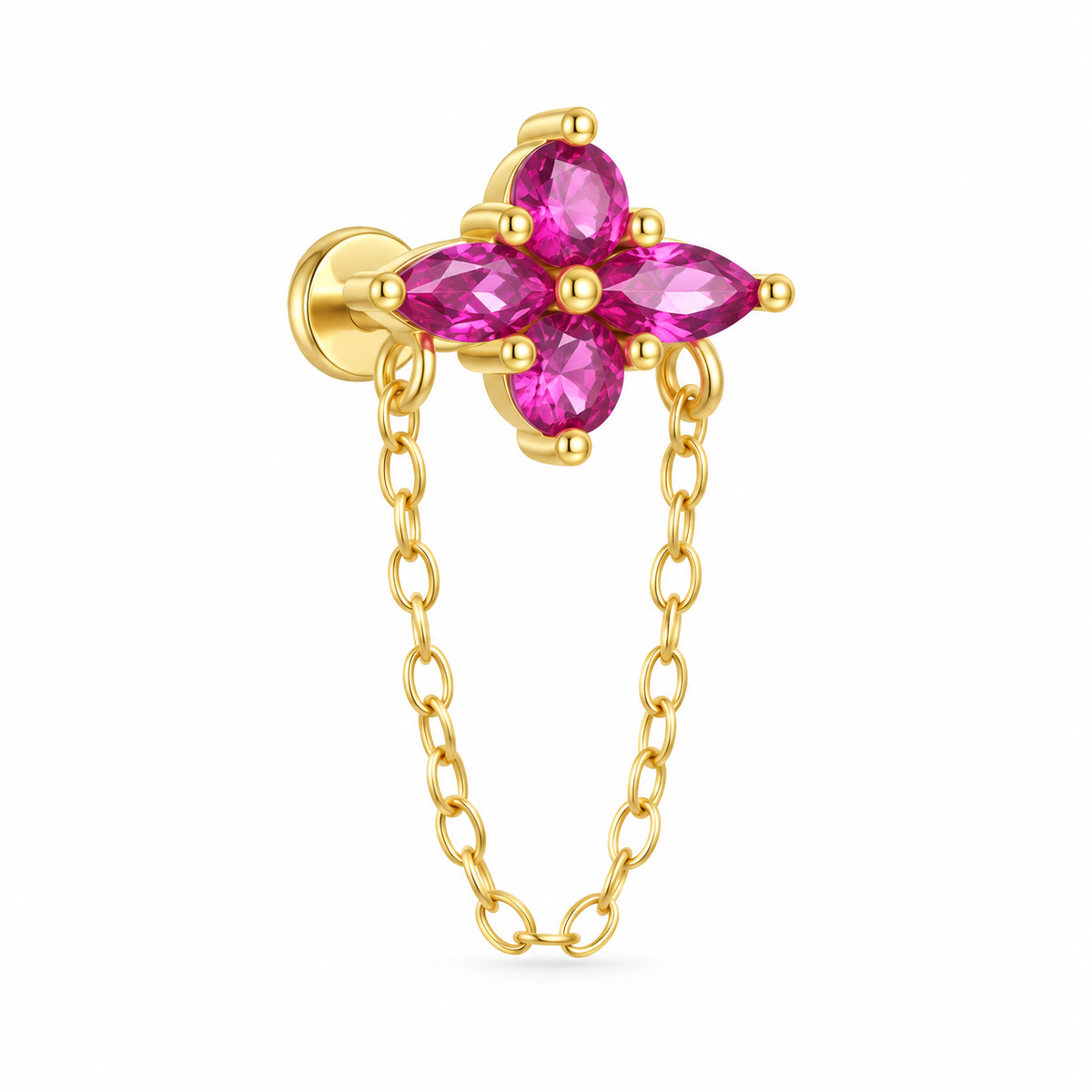 Gold flat back stud with a floral pink CZ cluster and delicate floating chain