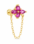 Gold flat back stud with a floral pink CZ cluster and delicate floating chain