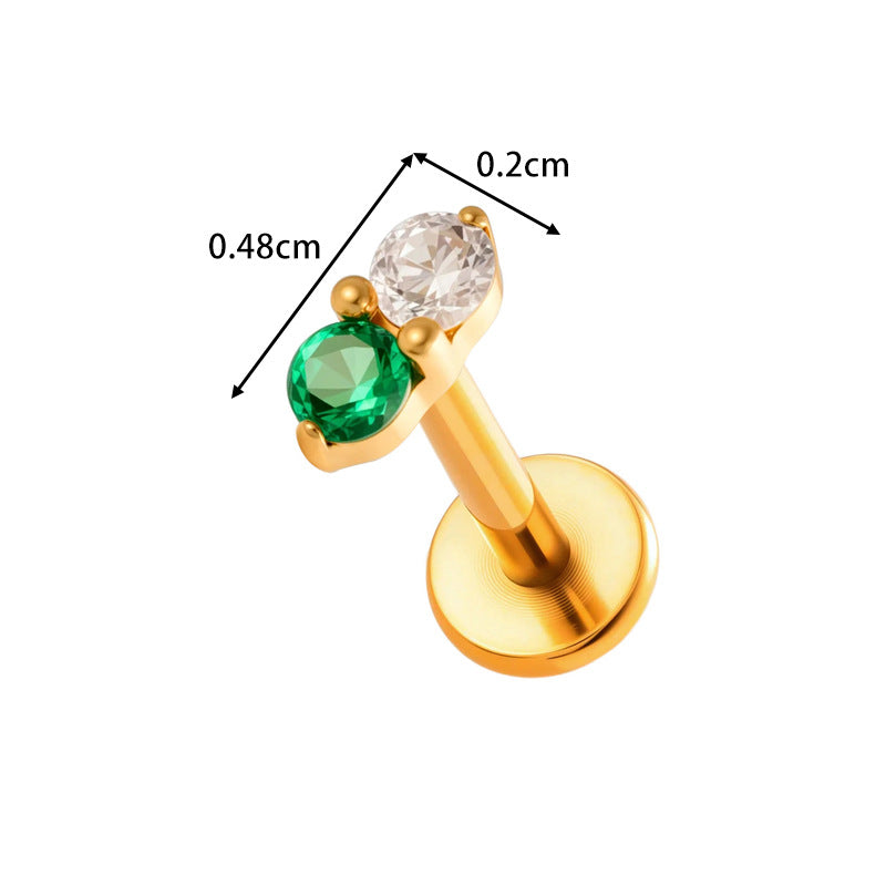 Darling Duo CZ flat back stud earring with green cubic zirconia stones in a minimal dual design and secure flat back