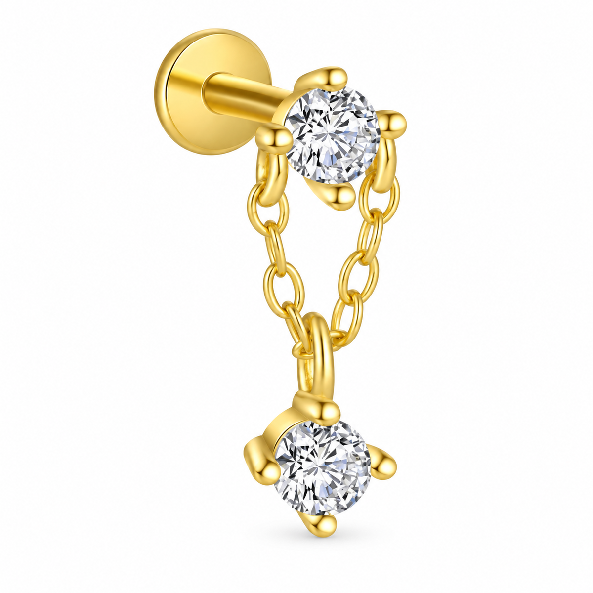 18k Gold Plated sterling silver flat back stud with two round clear CZ stones connected by a delicate chain