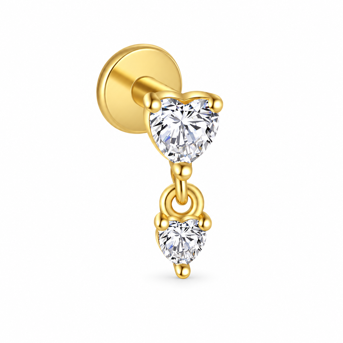 18k Gold plated sterling silver flat back stud with two round clear CZ stones connected by a delicate chain