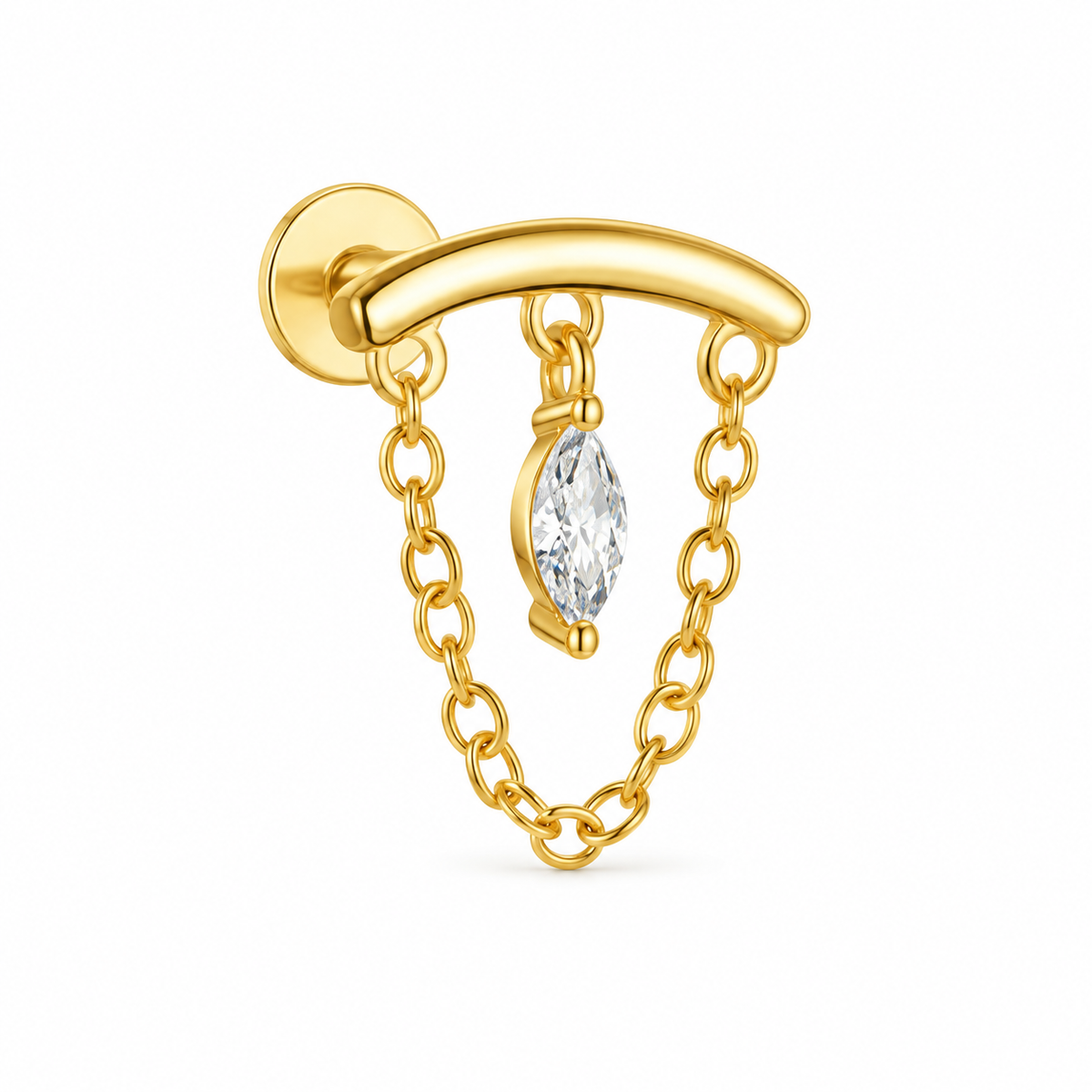 18k Gold plated curved bar with marquise CZ and draped chain for a hidden helix piercing
