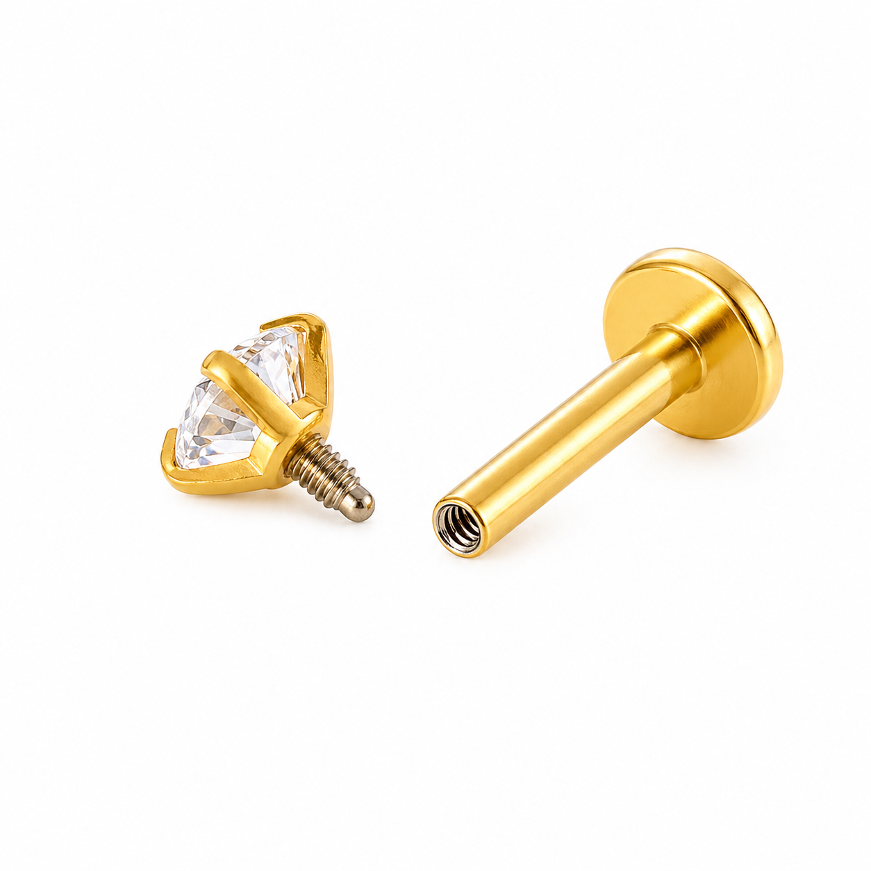 CZ flat back stud in gold plated stainless steel for cartilage piercing