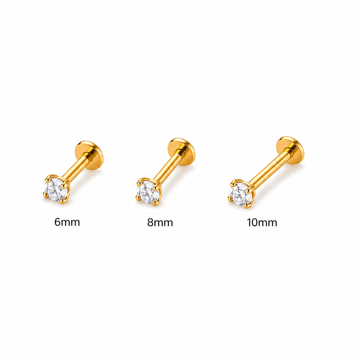 Gold CZ flat back studs in stainless steel showing 6mm 8mm and 10mm sizes