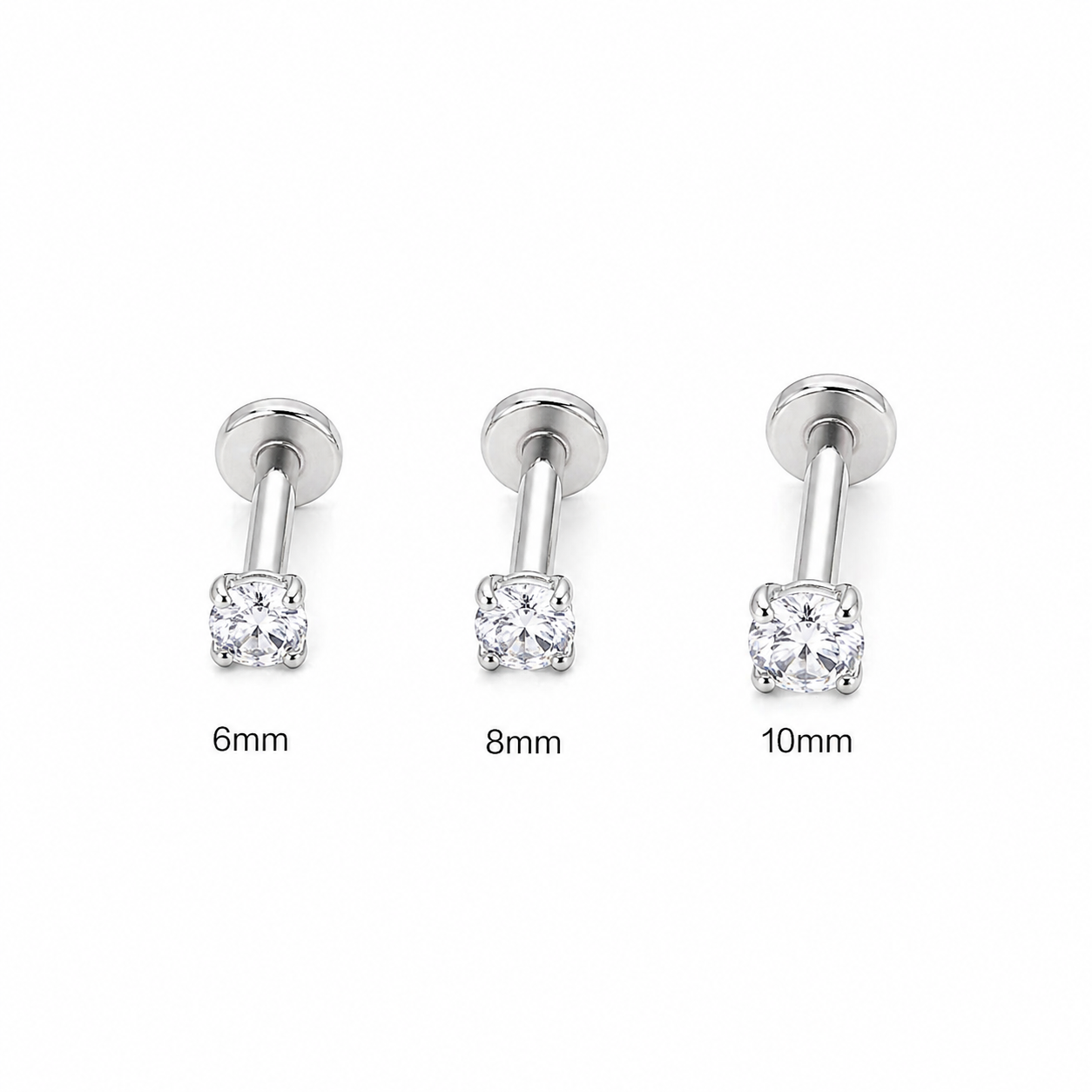 CZ flat back studs in silver stainless steel showing 6mm 8mm and 10mm sizes