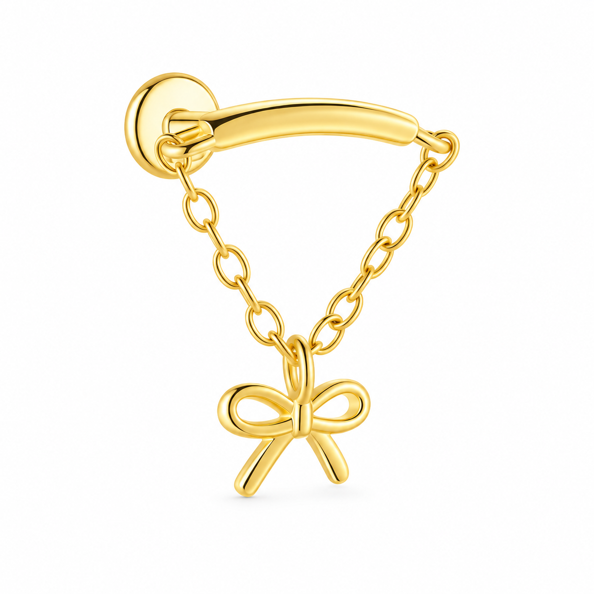 18k gold plated sterling silver curved bar with a chain and floating bow charm for a hidden helix piercing