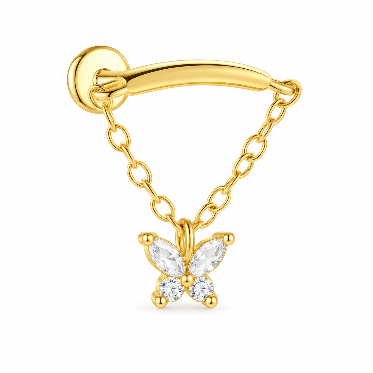 18k gold plated sterling silver curved bar with a chain and CZ butterfly charm for a hidden helix piercing