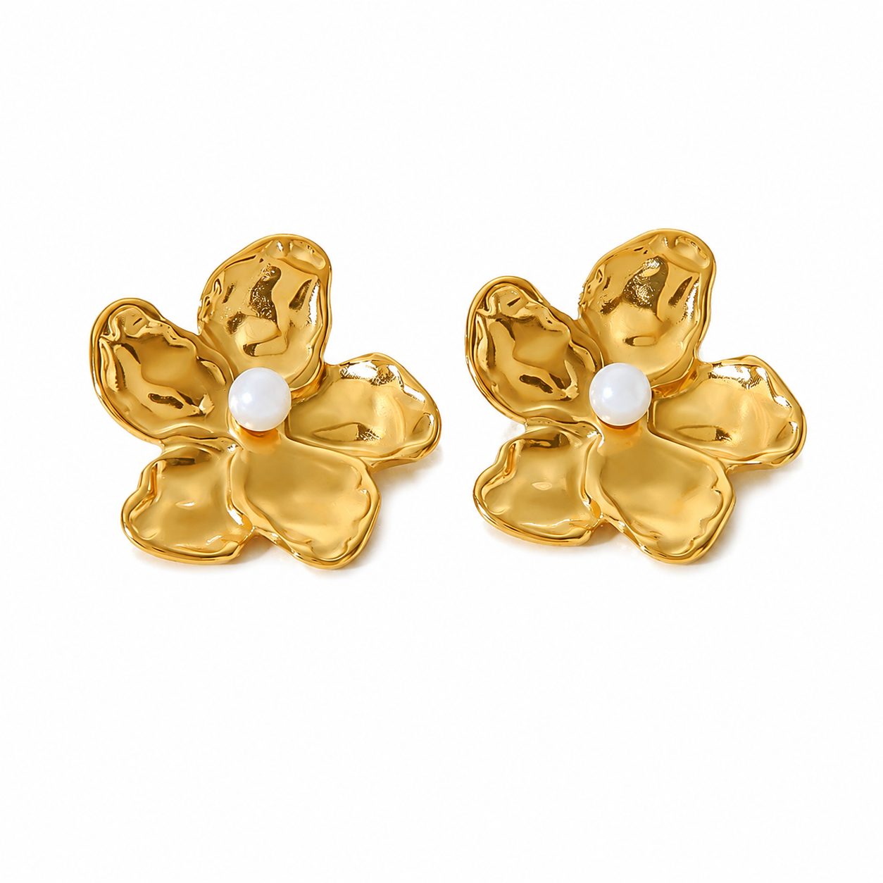 Flora Earrings featuring sculptural waterproof gold flower petals with a pearl center, designed as bold statement earrings.