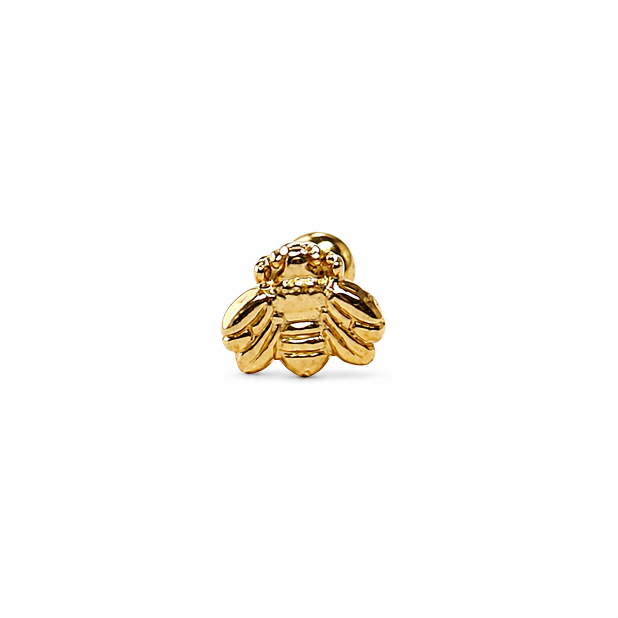 18k gold plated stainless steel bee screw back stud earring with a detailed bee design on a pure white background. Sold as a single.