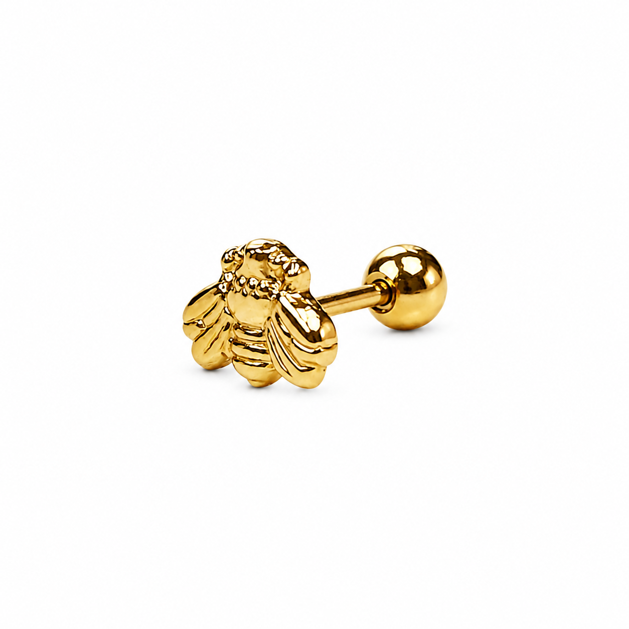 18k gold plated stainless steel bee screw back stud earring with a detailed bee design on a pure white background. Sold as a single.