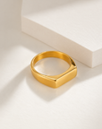18k gold plated stainless steel signet ring with polished finish on neutral background