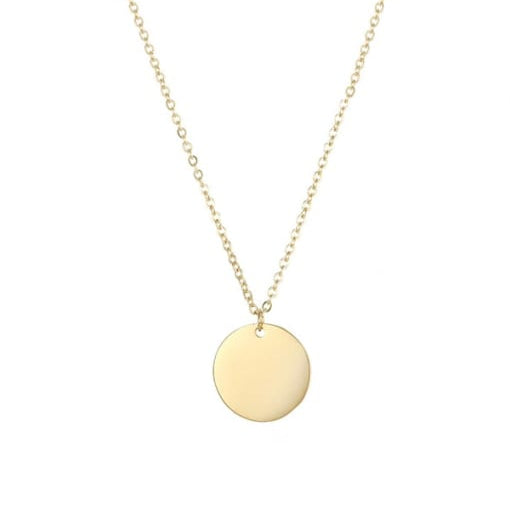 13mm round disc engravable necklace in 18k gold plated stainless steel with smooth polished finish and delicate chain