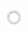 Skinny ivory satin silk scrunchy hair tie on a clean white background, minimal and lightweight design for everyday use