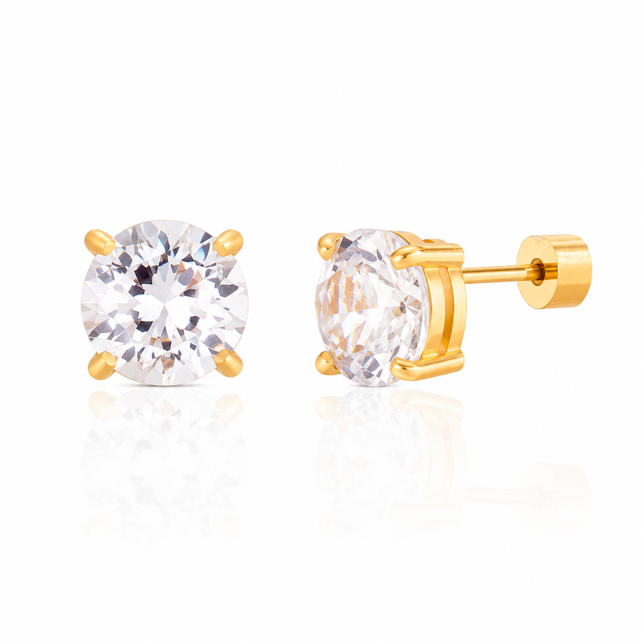 Jumbo Solitaire CZ Studs featuring brilliant 8mm round cubic zirconia in a waterproof gold four prong setting.