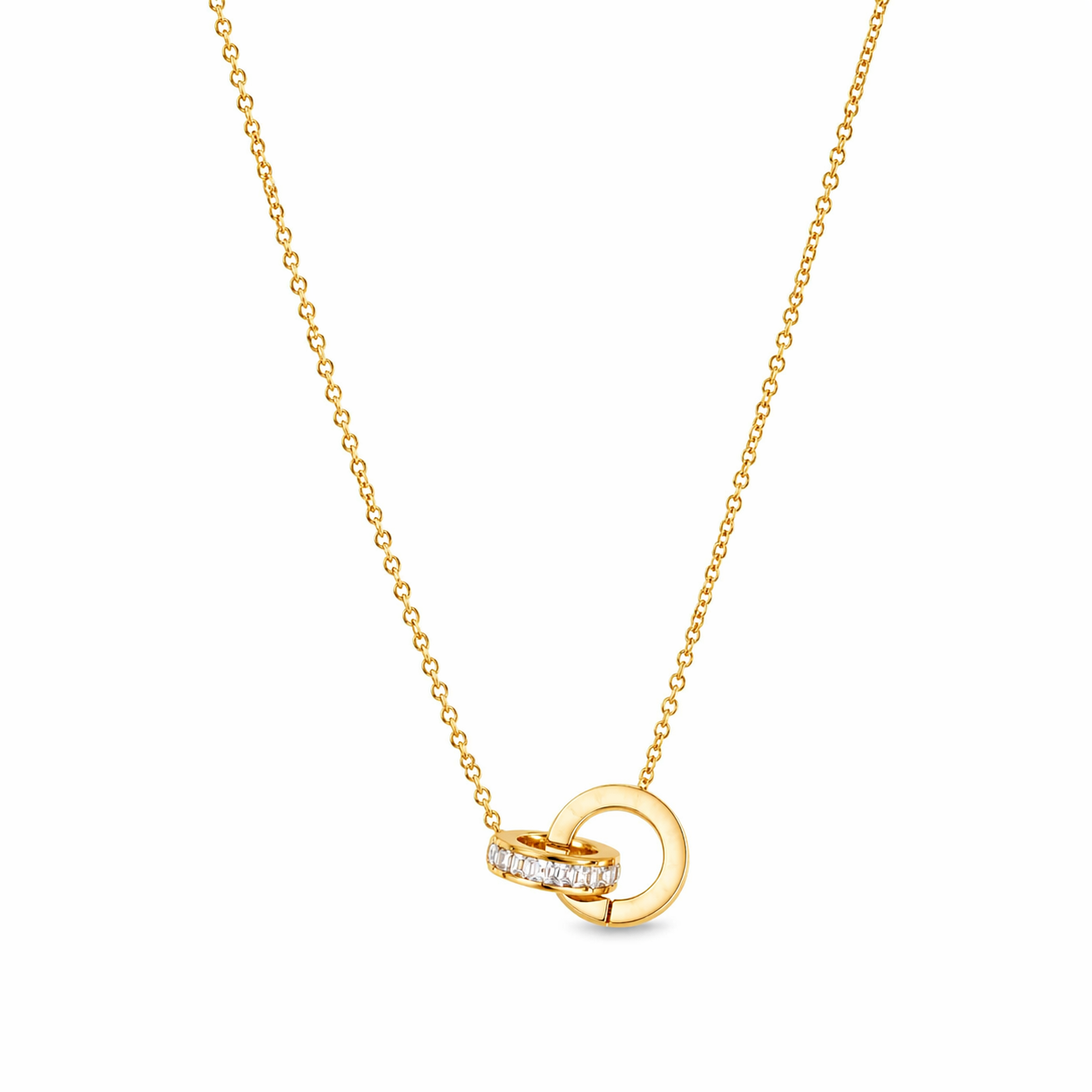 Gold interlocking ring necklace with CZ detail and Roman numeral pendant