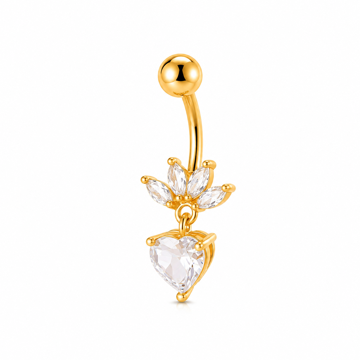 Gold lotus heart belly ring featuring sparkling cubic zirconia stones on a surgical stainless steel curved bar.