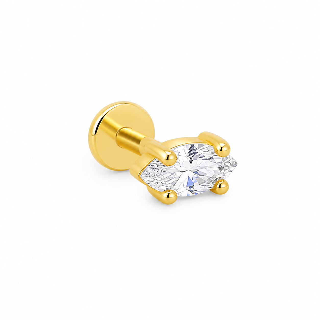 marquise flat back stud in gold with cubic zirconia, 4x6mm elongated stone, minimal white background