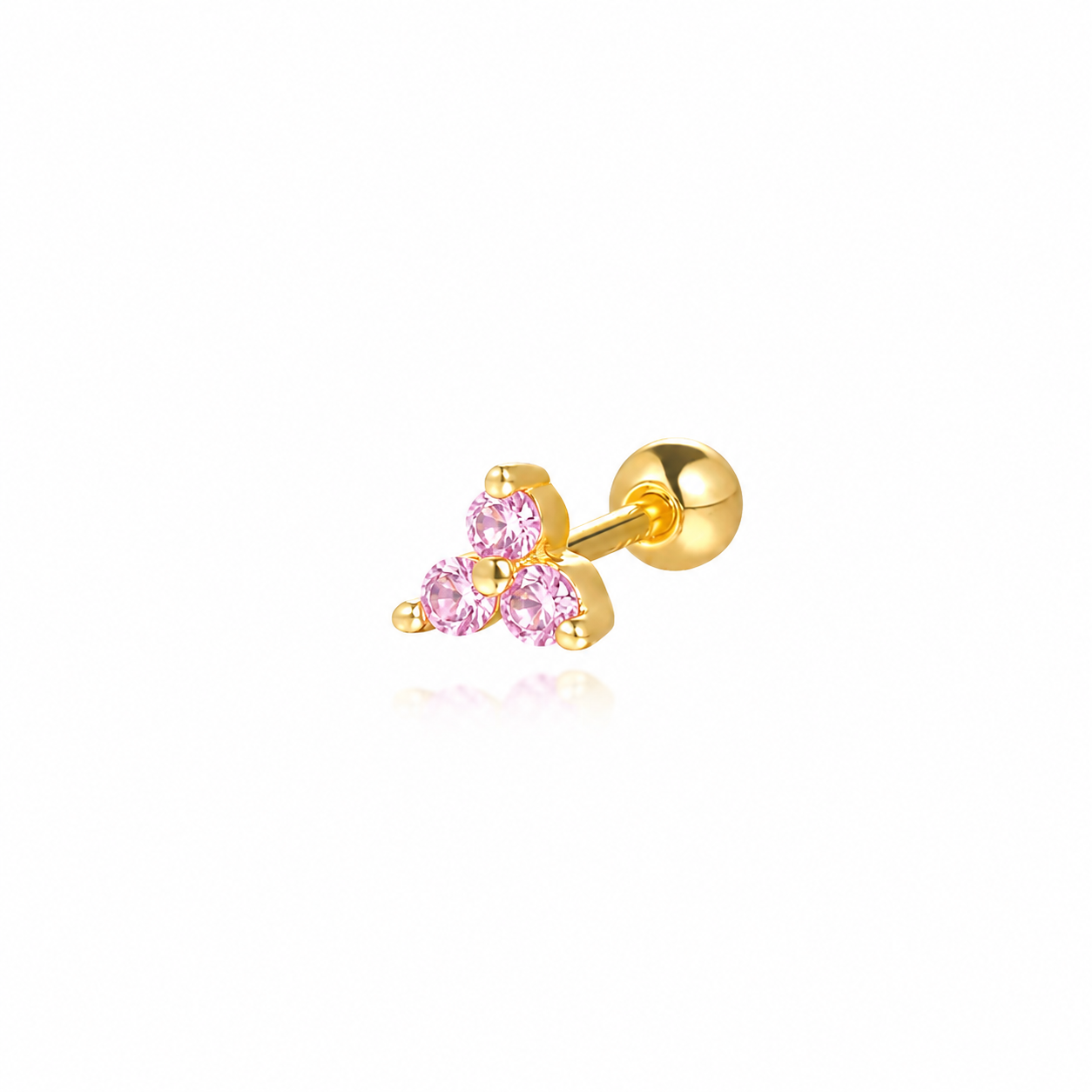 Maya Clover Flat Back Stud featuring three light pink cubic zirconia stones in an 18k gold plated screw back setting.