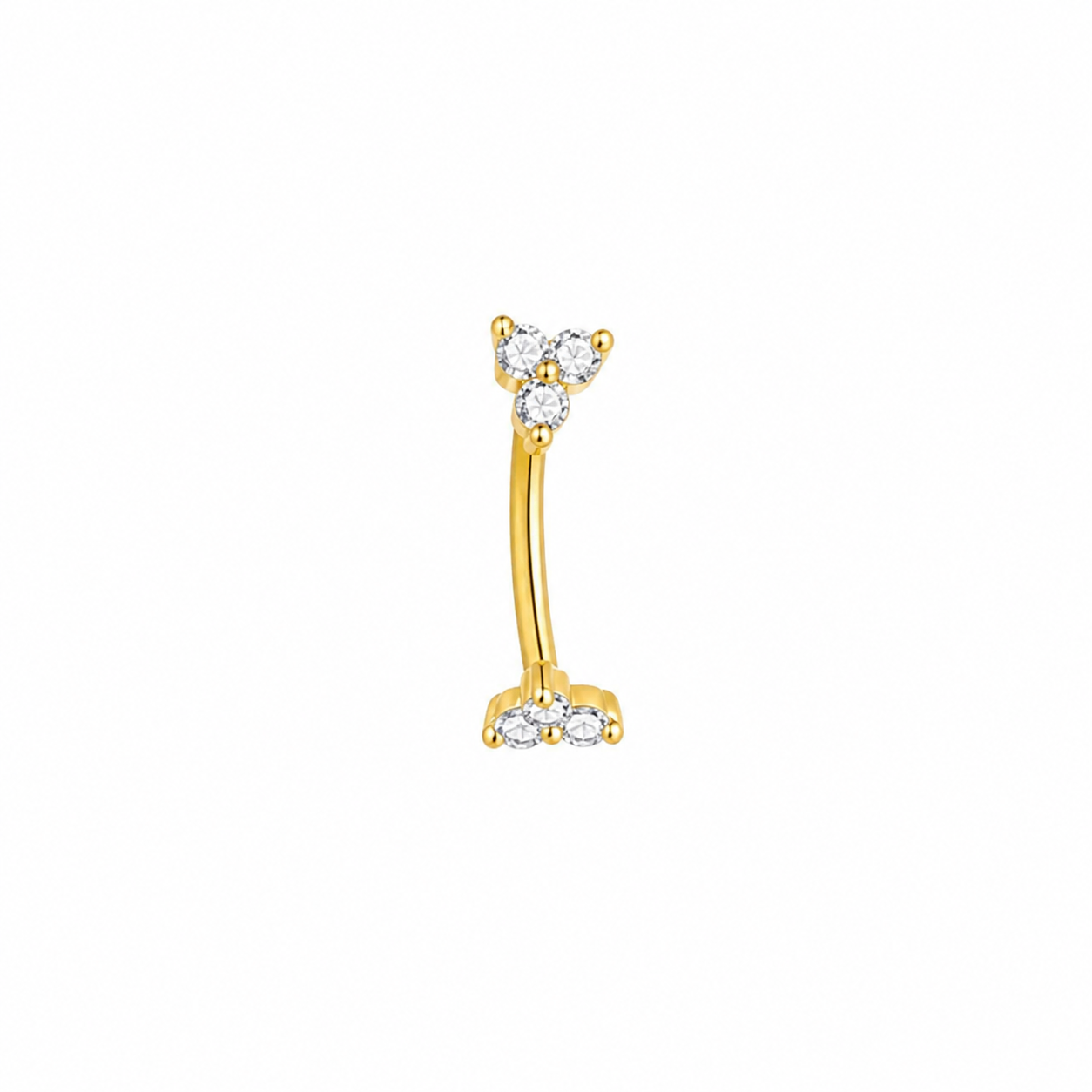 Maya duo bar earring in gold with cubic zirconia, 1.45cm curved bar with double clover ends, single stud on white background