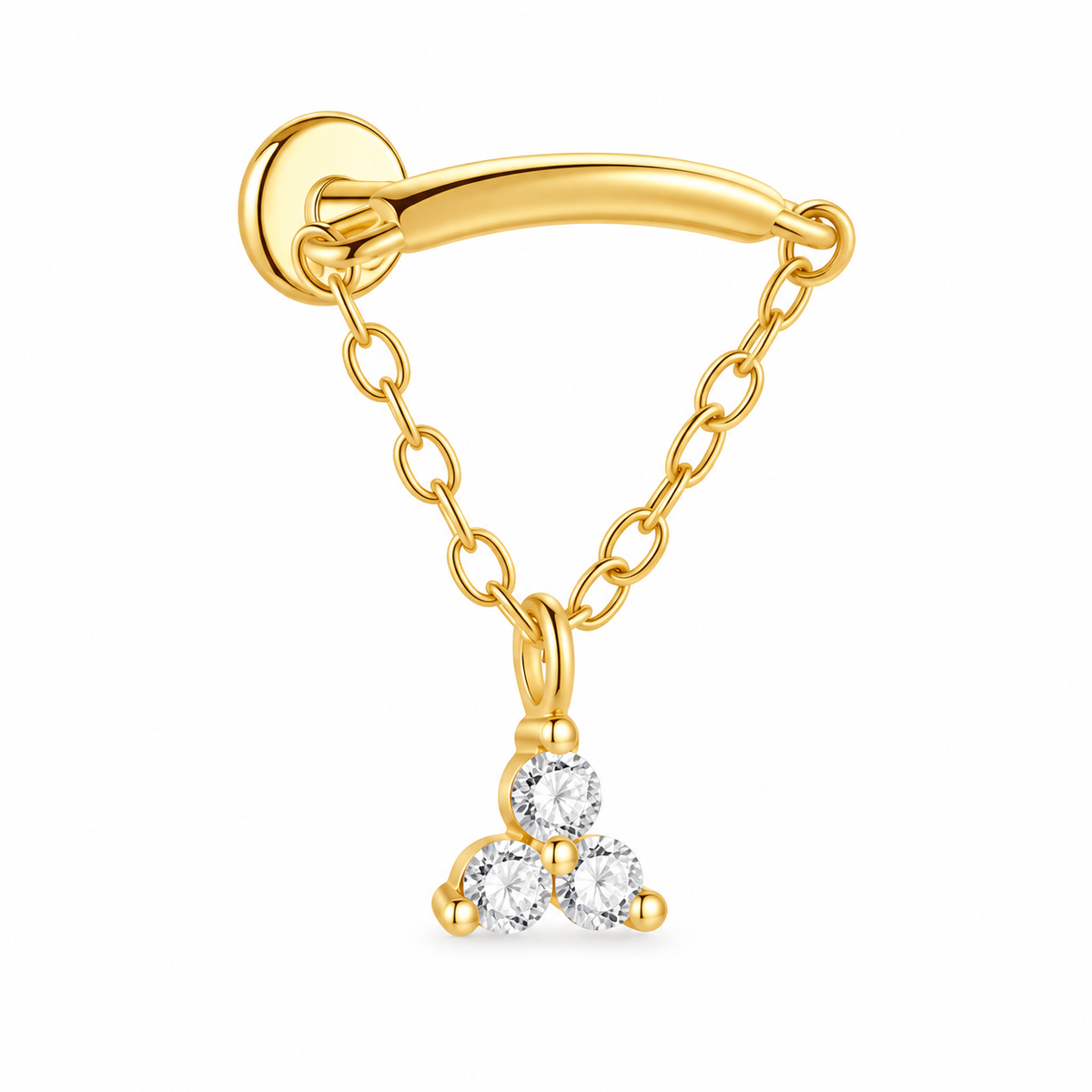 18k gold plated sterling silver hidden helix stud with a chain and three clear CZ stones