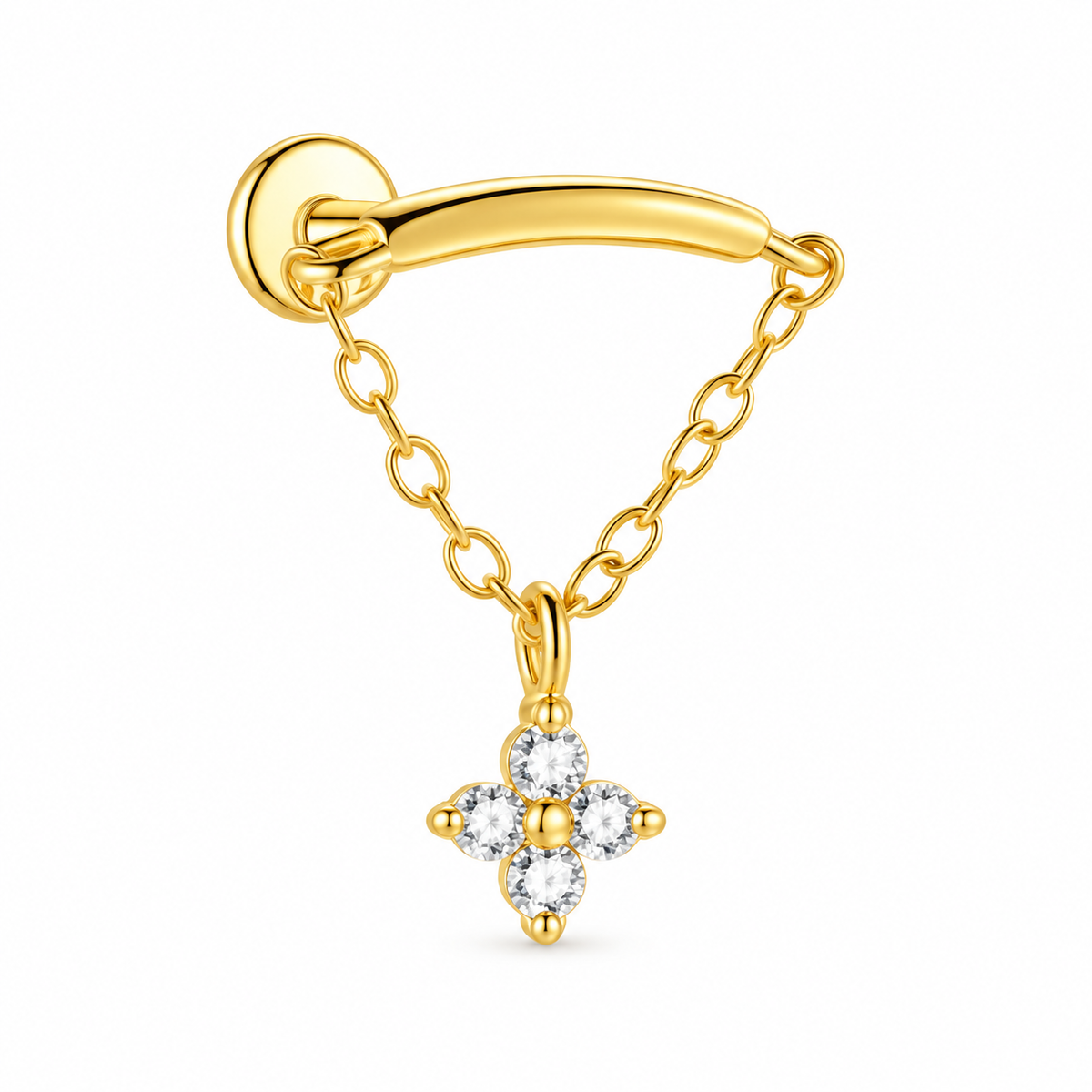18k gold plated sterling silver hidden helix stud with a chain and four stone CZ clover