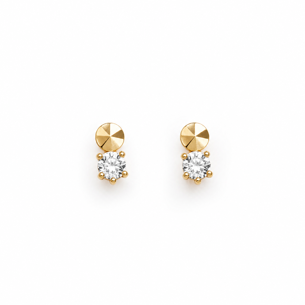 Gold Micro Duo CZ stud earrings featuring a faceted disc top with a small clear stone drop on a clean white background, minimal everyday design