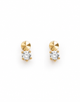 Gold Micro Duo CZ stud earrings featuring a faceted disc top with a small clear stone drop on a clean white background, minimal everyday design