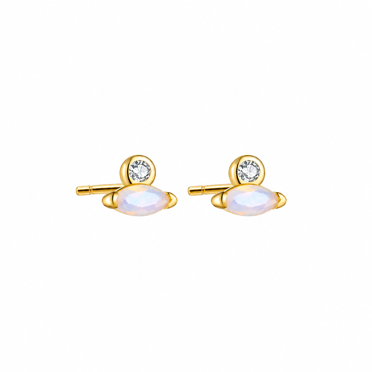 Millie Marquise Studs in gold-plated sterling silver featuring a white opal marquise stone and sparkling cubic zirconia accent.