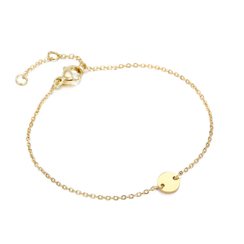 7mm round disc engraving bracelet in gold, delicate chain