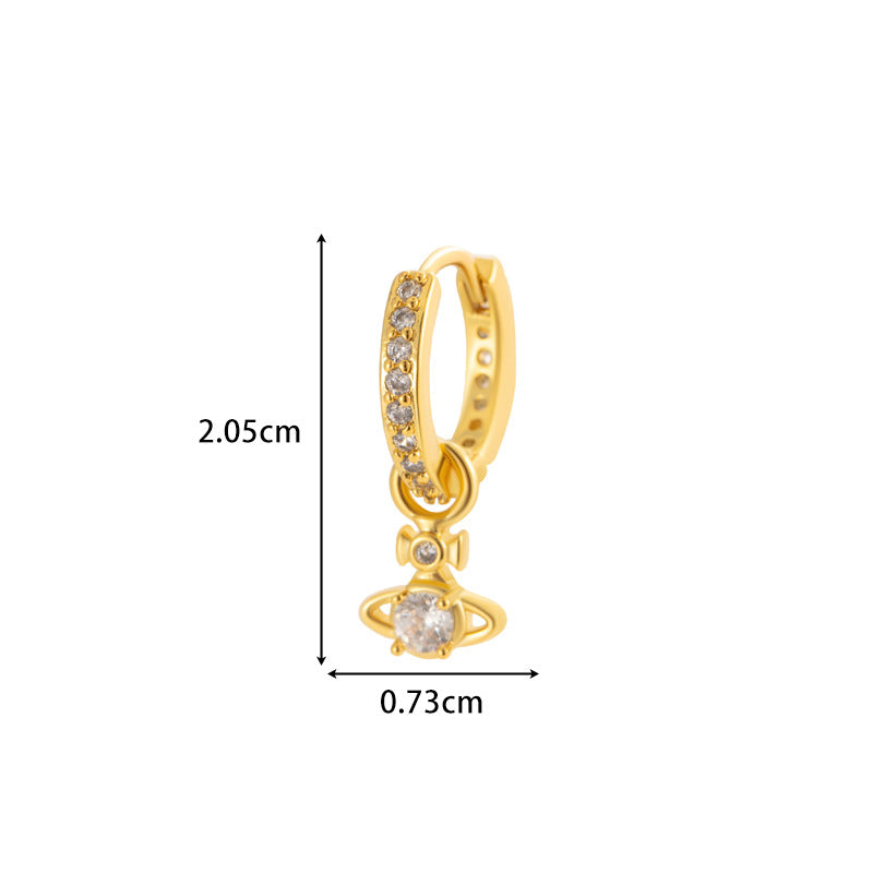Gold CZ huggie earrings with drop charm detail