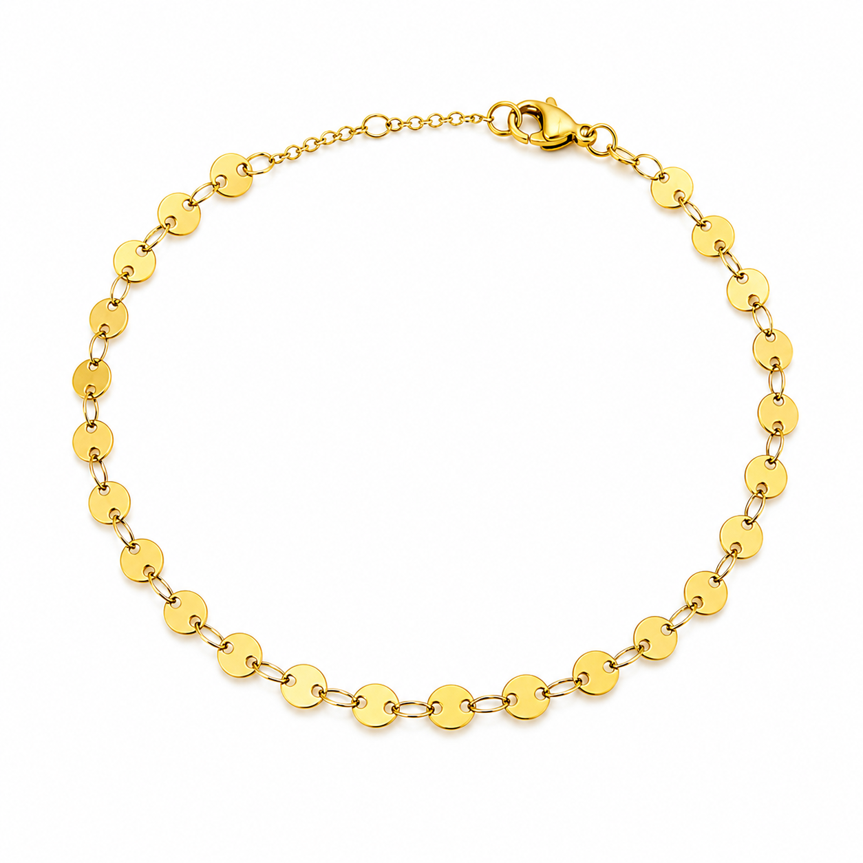 Minimal gold disc chain bracelet with polished round links and lobster clasp