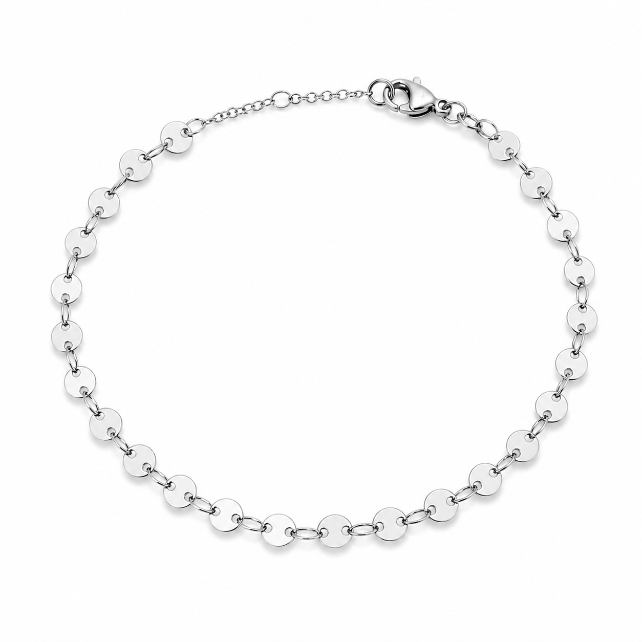 Minimal silver disc chain bracelet with polished round links and lobster clasp