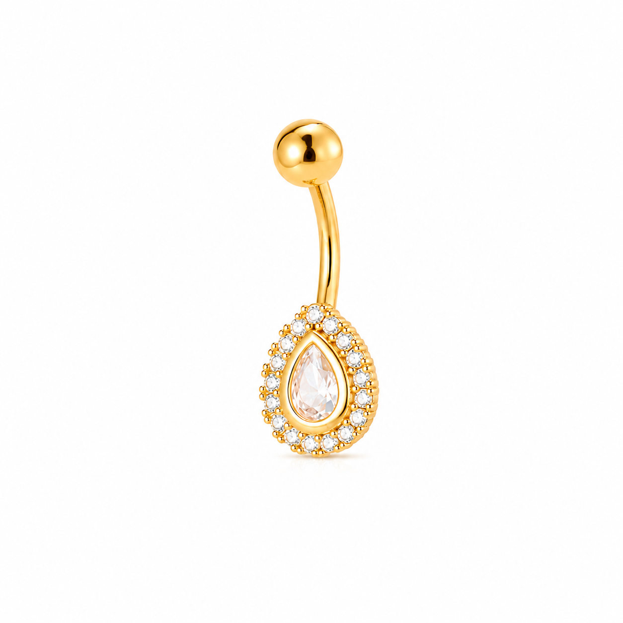 Gold teardrop navel ring featuring a sparkling cubic zirconia teardrop charm on a curved belly bar.