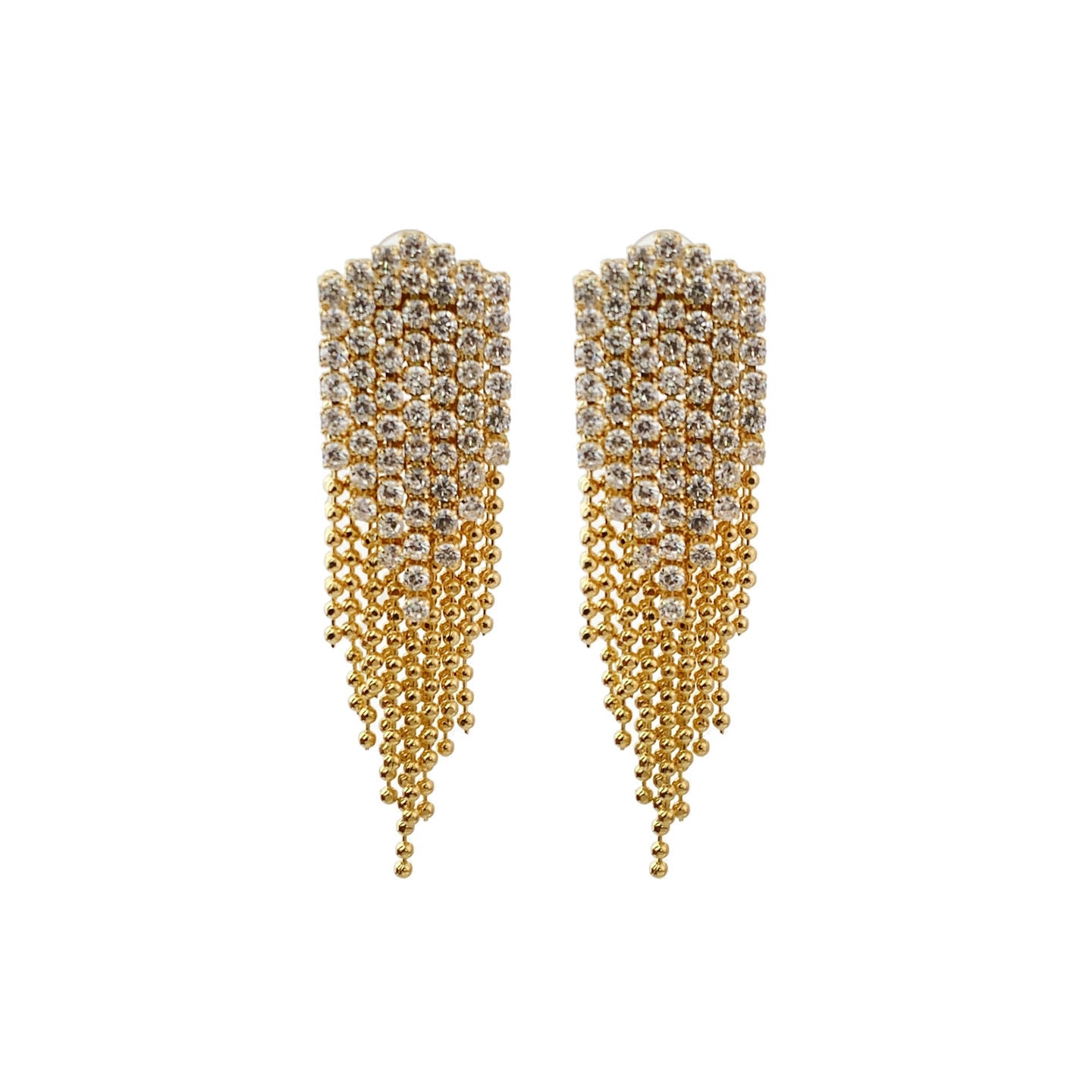 Gold pavé fringe drop earrings with cascading chains, statement evening earrings with movement
