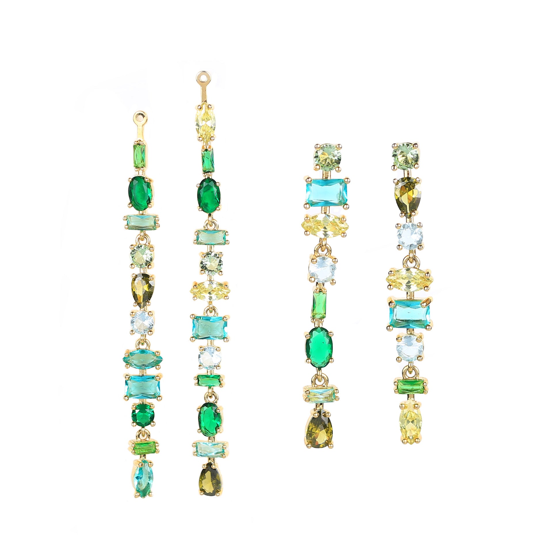 Convertible drop earrings with blue and green cubic zirconia in ocean tones, worn as stud or full drop